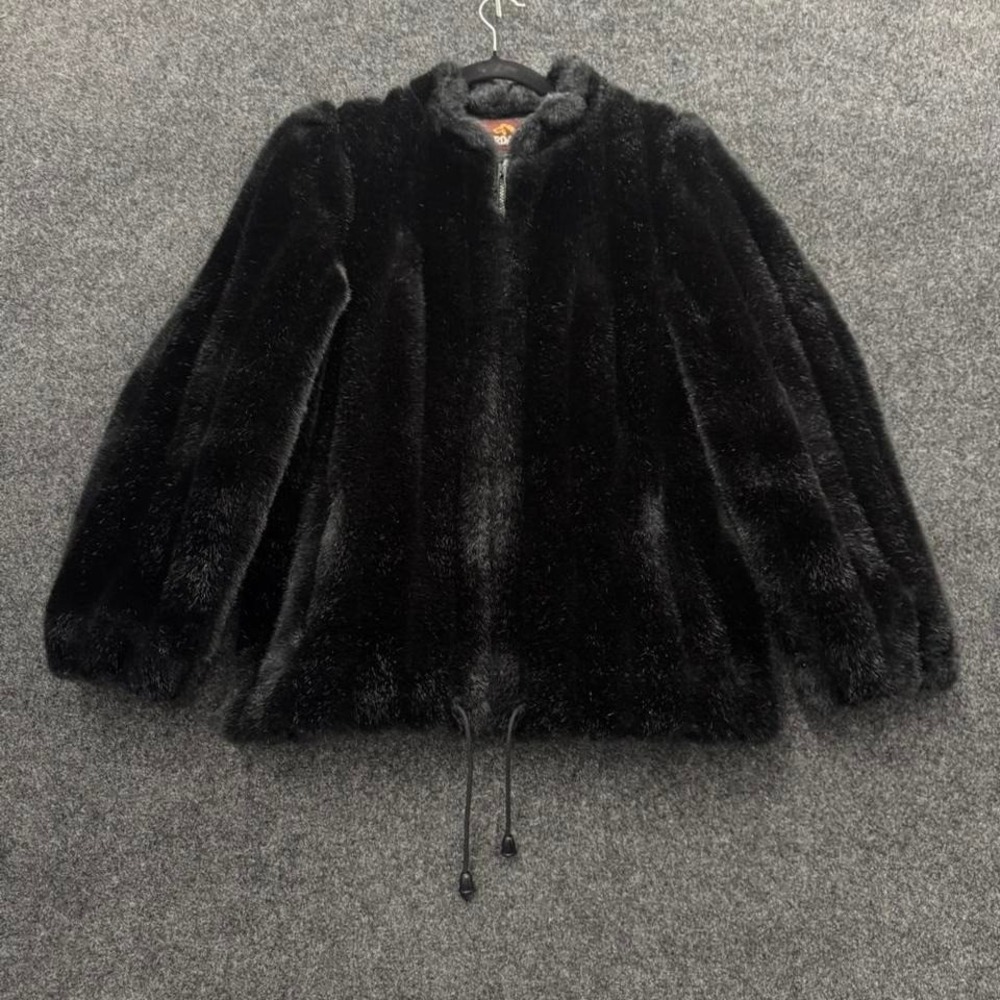 Jordache Black Faux Fur Hooded Jacket Womens Small Y2K Glam